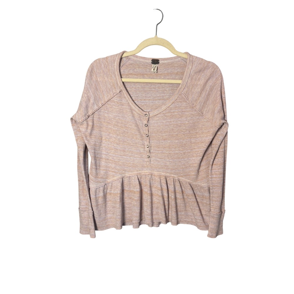 Free People We The Free Womens Henley Top S Pink Waffle Knit Peplum Boho